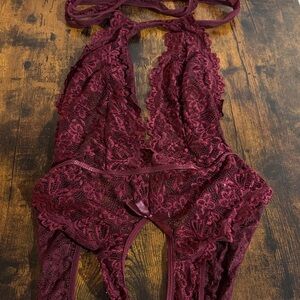 Burgundy Lace Halter Bodysuit